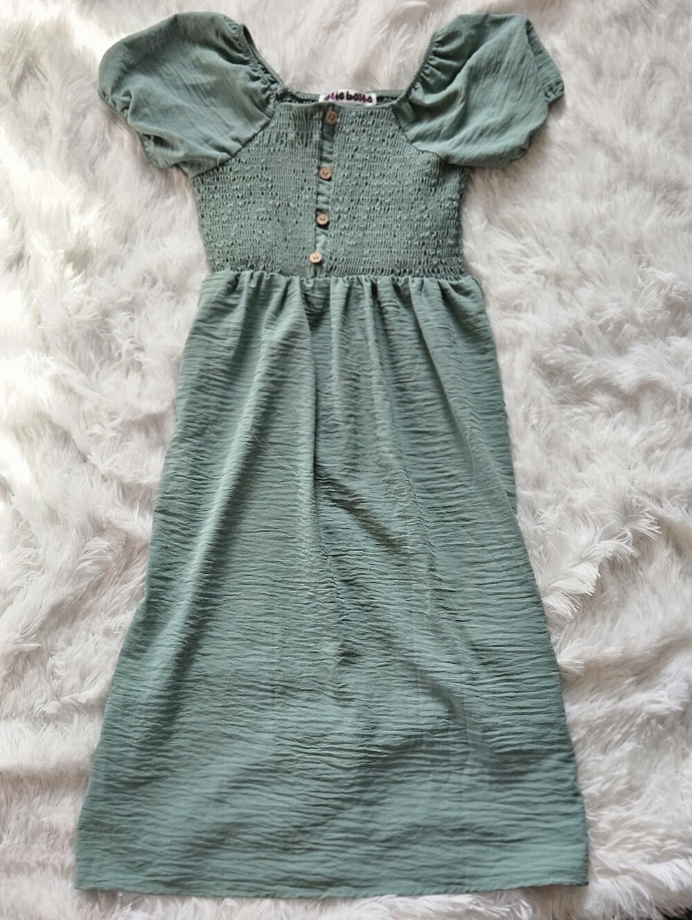 Girls' Sage Green Smocked Puff-Sleeve Dress Mid Length